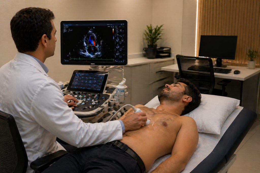 Melhorar a produtividade na ecocardiografia com exame realizado em clínica moderna, utilizando software especializado e imagens cardíacas em tempo real.