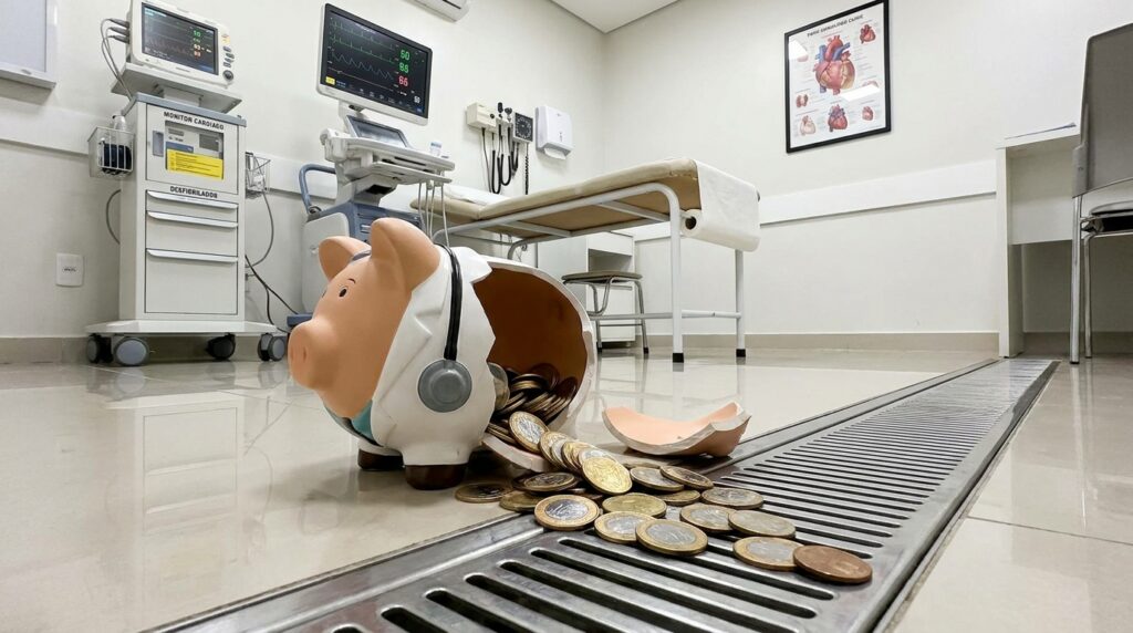 erros que fazem clínicas perderem dinheiro representados por cofre quebrado em consultório médico.