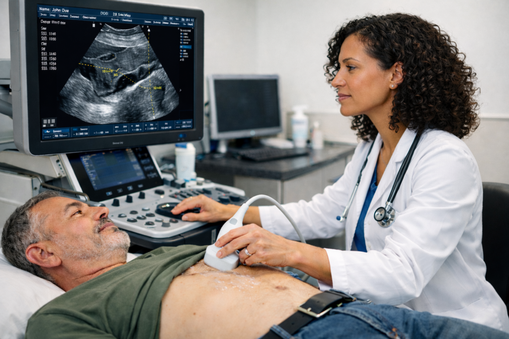 sistema de ultrassonografia em uso durante exame clínico