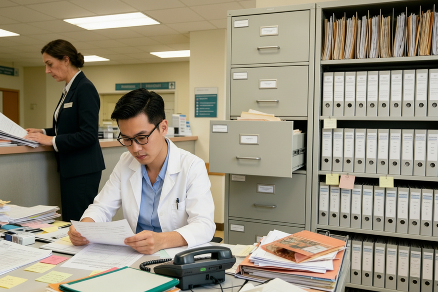 Uso de papel em clínicas com médico analisando documentos físicos em ambiente desorganizado