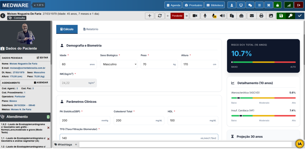 Tela do Laudos UX com cálculo automático de risco cirúrgico integrado ao prontuário eletrônico