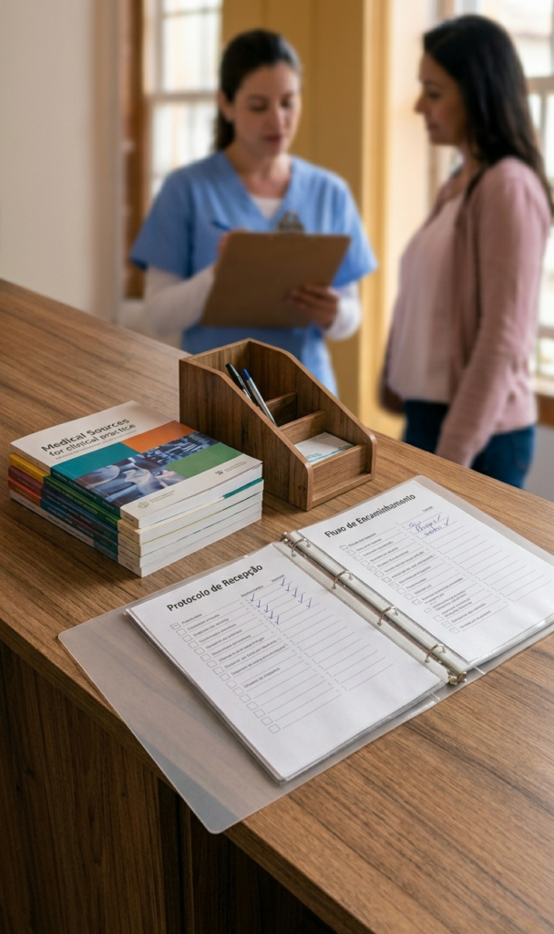 Vista em primeiro plano de um balcão de madeira organizado em uma clínica. Há uma pasta aberta com "Protocolo de Recepção" e "Fluxo de Encaminhamento" contendo checklists preenchidos, uma pilha de livros médicos e um porta-canetas de madeira. Ao fundo, de forma desfocada, uma recepcionista com uniforme azul anota em uma prancheta enquanto atende uma paciente.
